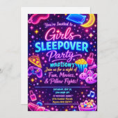 Neon Glow Girls Sleepover Party Night Slumber 招待状 (正面/裏面)