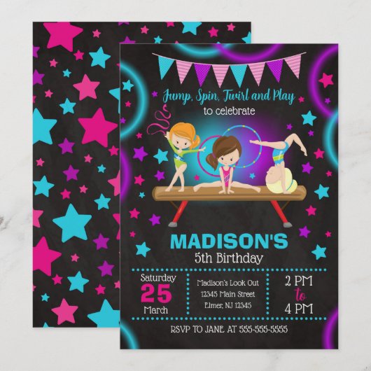 Neon Glow Gymnastics Birthday Party Invitation 招待状 (正面/裏面)