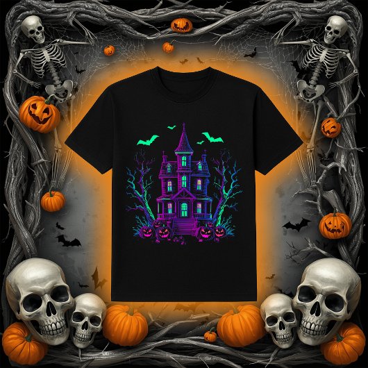 Neon Glow Haunted House Bats and Pumpkins Tシャツ