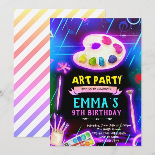 Neon Glow Paint party invitation 招待状 (正面/裏面)