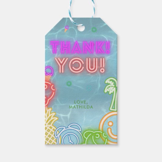 Neon Glow Pool Party Any Age Birthday Thank You ギフトタグ (正面)