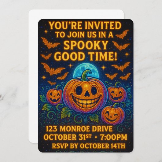 Neon Glow Pumpkin Halloween Party 招待状 (正面/裏面)