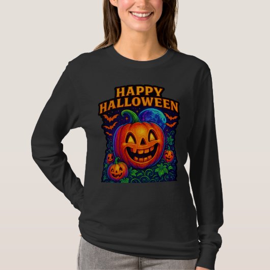 Neon Glow Pumpkin “Happy Halloween” Tシャツ (正面)