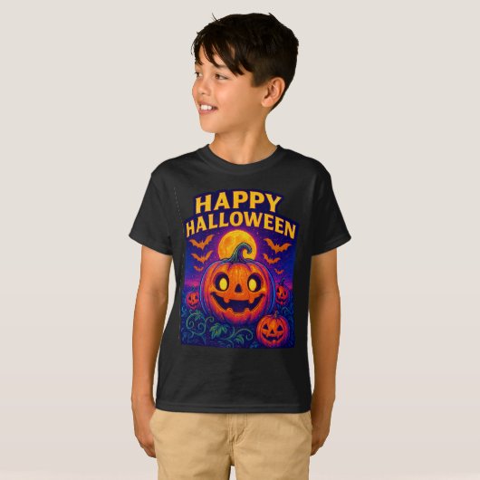 Neon Glow Pumpkin “Happy Halloween” Tシャツ (正面フル)