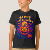 Neon Glow Pumpkin “Happy Halloween” Tシャツ (正面)