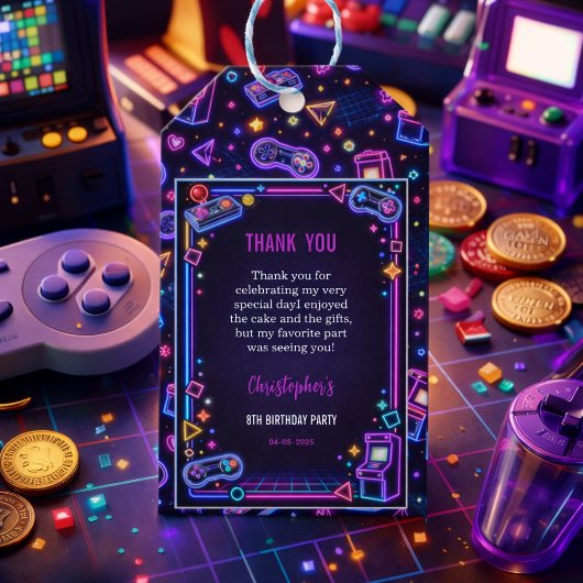 Neon Glow Retro Arcade Gaming 8th Birthday ギフトタグ