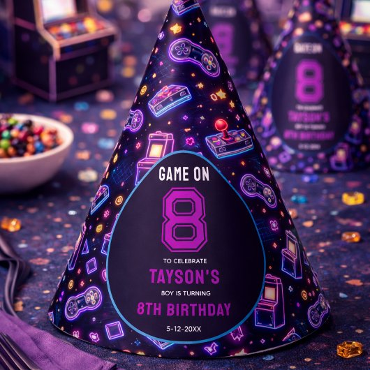 Neon Glow Retro Arcade Gaming 8th Birthday パーティーハット
