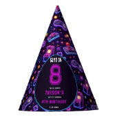 Neon Glow Retro Arcade Gaming 8th Birthday パーティーハット (正面)