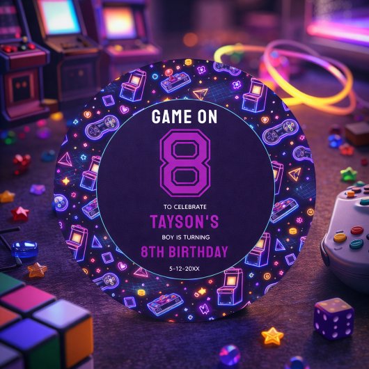 Neon Glow Retro Arcade Gaming 8th Birthday ラウンドシール