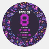 Neon Glow Retro Arcade Gaming 8th Birthday ラウンドシール (正面)