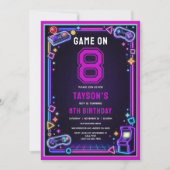 Neon Glow Retro Arcade Gaming 8th Birthday 招待状 (正面)