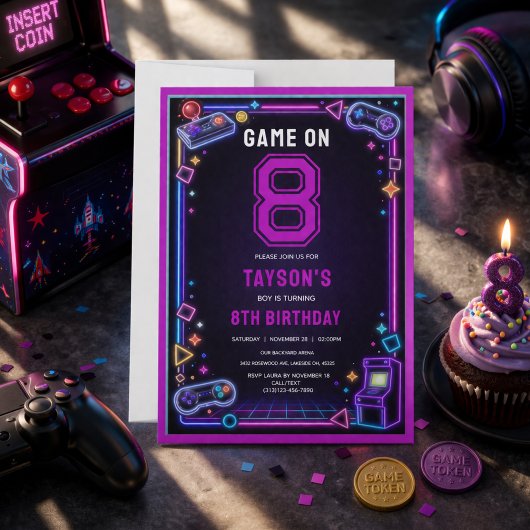 Neon Glow Retro Arcade Gaming 8th Birthday 招待状