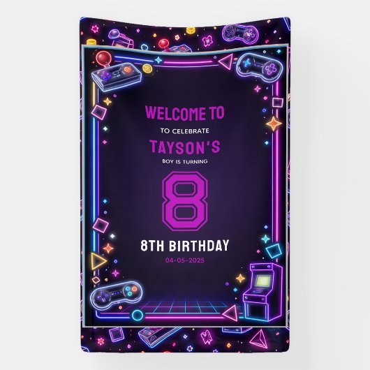 Neon Glow Retro Arcade Gaming 8th Birthday 横断幕
