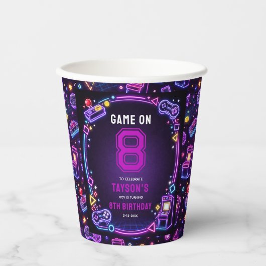 Neon Glow Retro Arcade Gaming 8th Birthday 紙コップ (正面)