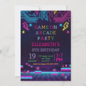 Neon Glow Retro Arcade Gaming Birthday Party 招待状 (正面)