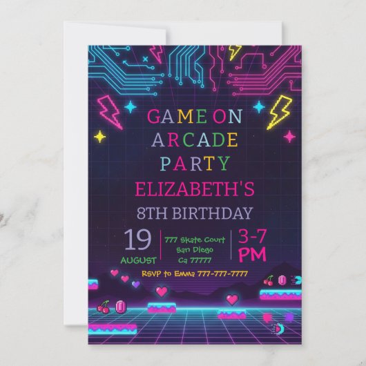 Neon Glow Retro Arcade Gaming Birthday Party 招待状 (正面)