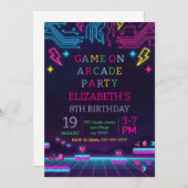 Neon Glow Retro Arcade Gaming Birthday Party 招待状 (正面/裏面)