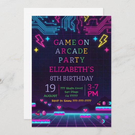 Neon Glow Retro Arcade Gaming Birthday Party 招待状 (正面/裏面)