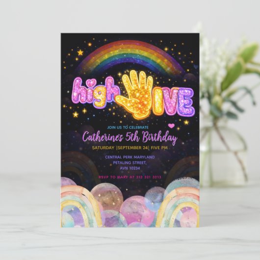 Neon Glow Sparkle High Five Birthday Party 招待状 (スタンド正面)