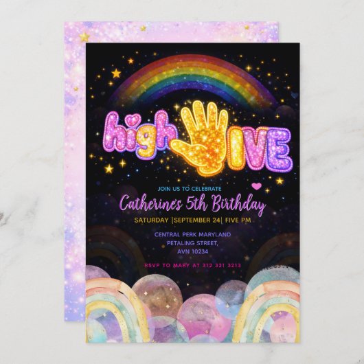 Neon Glow Sparkle High Five Birthday Party 招待状 (正面/裏面)