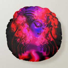 Neon Goddess in Enchanted Forest ラウンドクッション