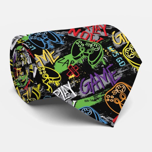 Neon Graffiti Gaming Pattern ネクタイ (ロール)