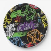 Neon Graffiti Gaming Pattern ペーパープレート (正面)