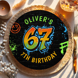 Neon Graffiti Six Seven Kids 7th Birthday Party ペーパープレート