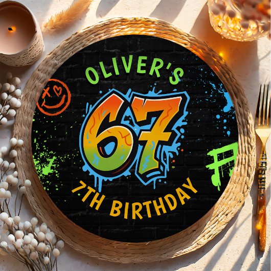 Neon Graffiti Six Seven Kids 7th Birthday Party ペーパープレート