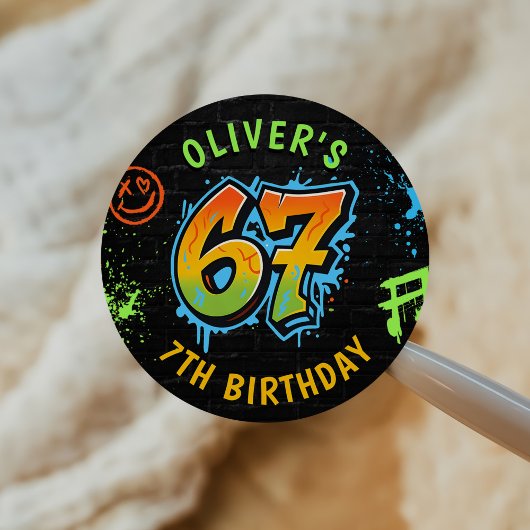 Neon Graffiti Six Seven Kids 7th Birthday Party ラウンドシール