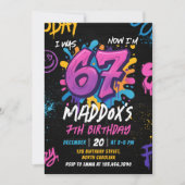 Neon Graffiti Six Seven Kids 7th Birthday Party 招待状 (正面)