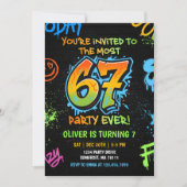 Neon Graffiti Six Seven Kids 7th Birthday Party 招待状 (正面)