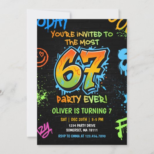 Neon Graffiti Six Seven Kids 7th Birthday Party 招待状 (正面)