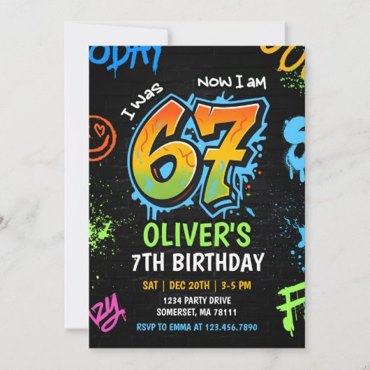 Neon Graffiti Six Seven Kids 7th Birthday Party 招待状 (正面)