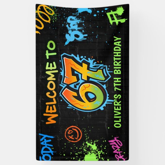 Neon Graffiti Six Seven Kids 7th Birthday Party 横断幕 (縦)