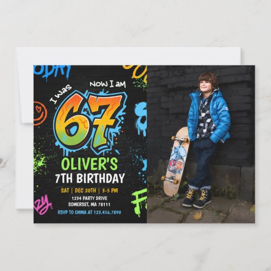 Neon Graffiti Six Seven Kids 7th Birthday Photo 招待状 (正面)