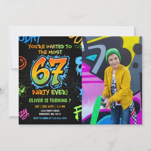 Neon Graffiti Six Seven Kids 7th Birthday Photo 招待状 (正面)