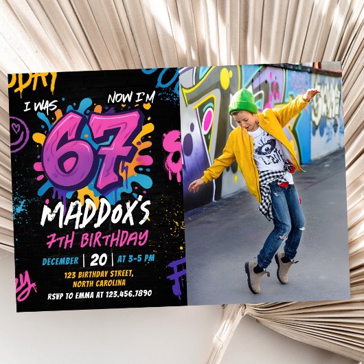 Neon Graffiti Six Seven Kids 7th Birthday Photo 招待状