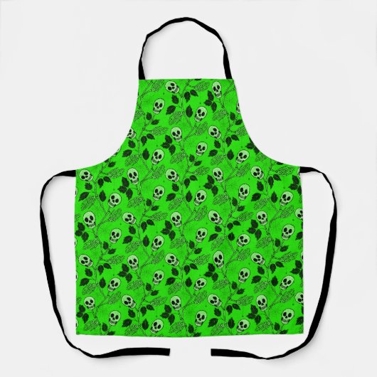 Neon Green Floral Gothic Skull  エプロン (正面)