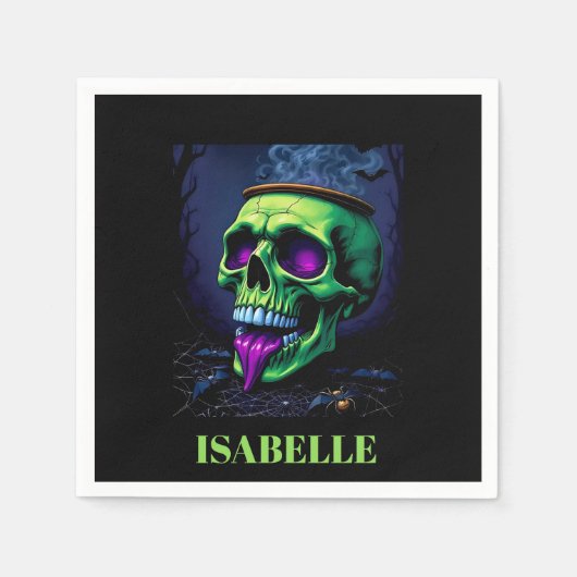 neon green haunted skull gothic halloween night スタンダードカクテルナプキン (正面)