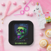 neon green haunted skull gothic halloween night ペーパープレート (パーティー)