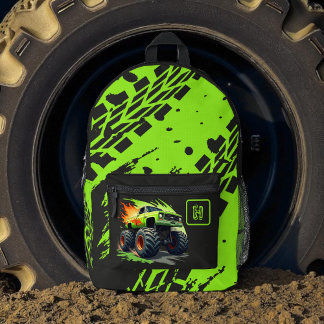 Neon Green Monster Truck Boys Monogram  プリントバックパック