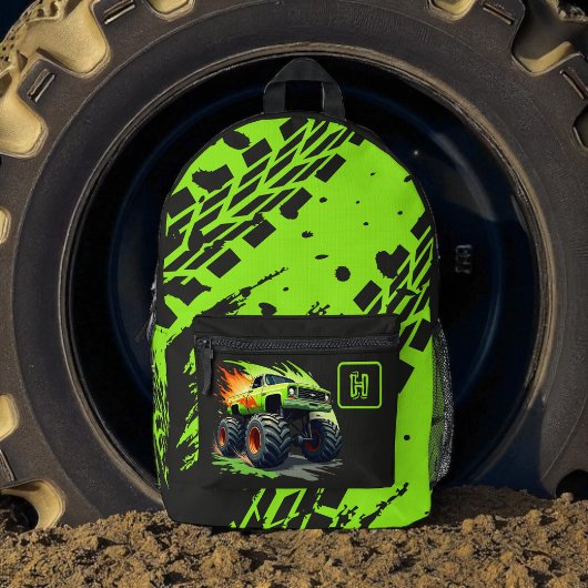 Neon Green Monster Truck Boys Monogram  プリントバックパック