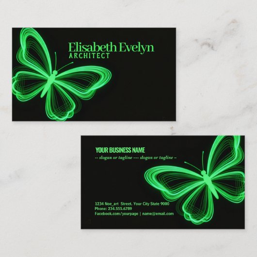 Neon Green Wings: Futuristic Business Card Art 名刺 (正面/裏面)