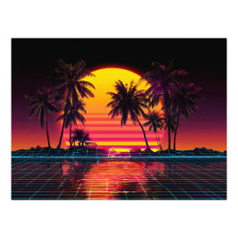 Neon Grid Palm Sunset フォトプリント