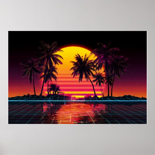 Neon Grid Palm Sunset ポスター (正面)