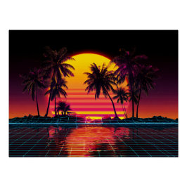 Neon Grid Palm Sunset ポスター
