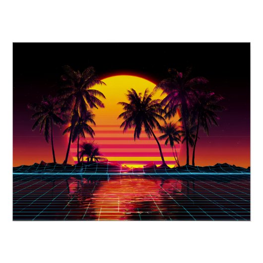 Neon Grid Palm Sunset ポスター (正面)