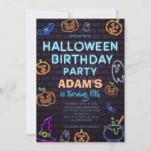 Neon Halloween Birthday Party Invitation 招待状 (正面)
