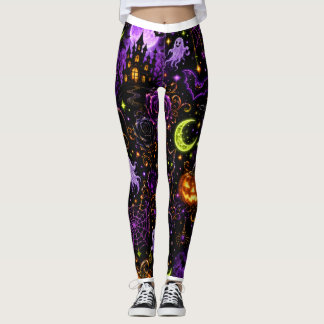 Neon Halloween Black Cat and Ghost Leggings レギンス